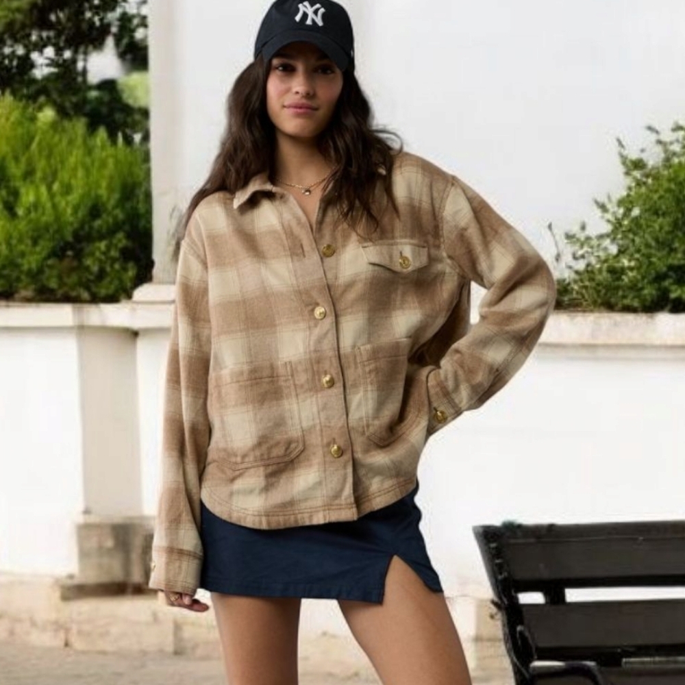 NEW! AE  Oversized Plaid Shacket – Retro Chic Vibes with Gold Buttons  Xlarge